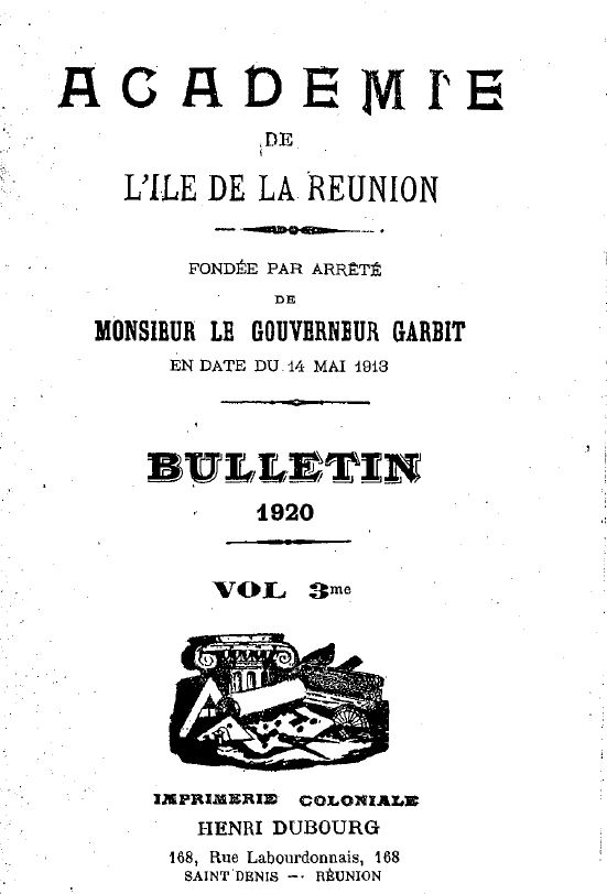 Couverture du Bulletin de l'académie de l'île de La Réunion 1920