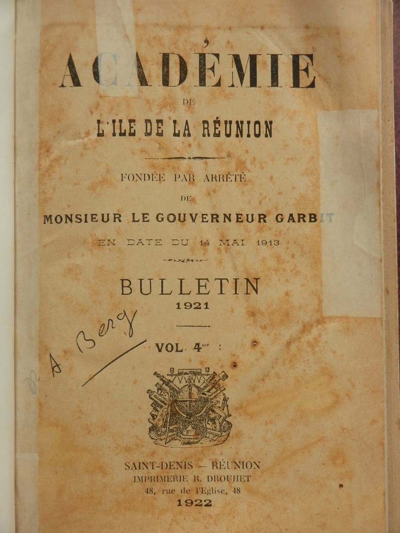 Couverture du bulletin de l'Académie de l'île de La Réunion 1921