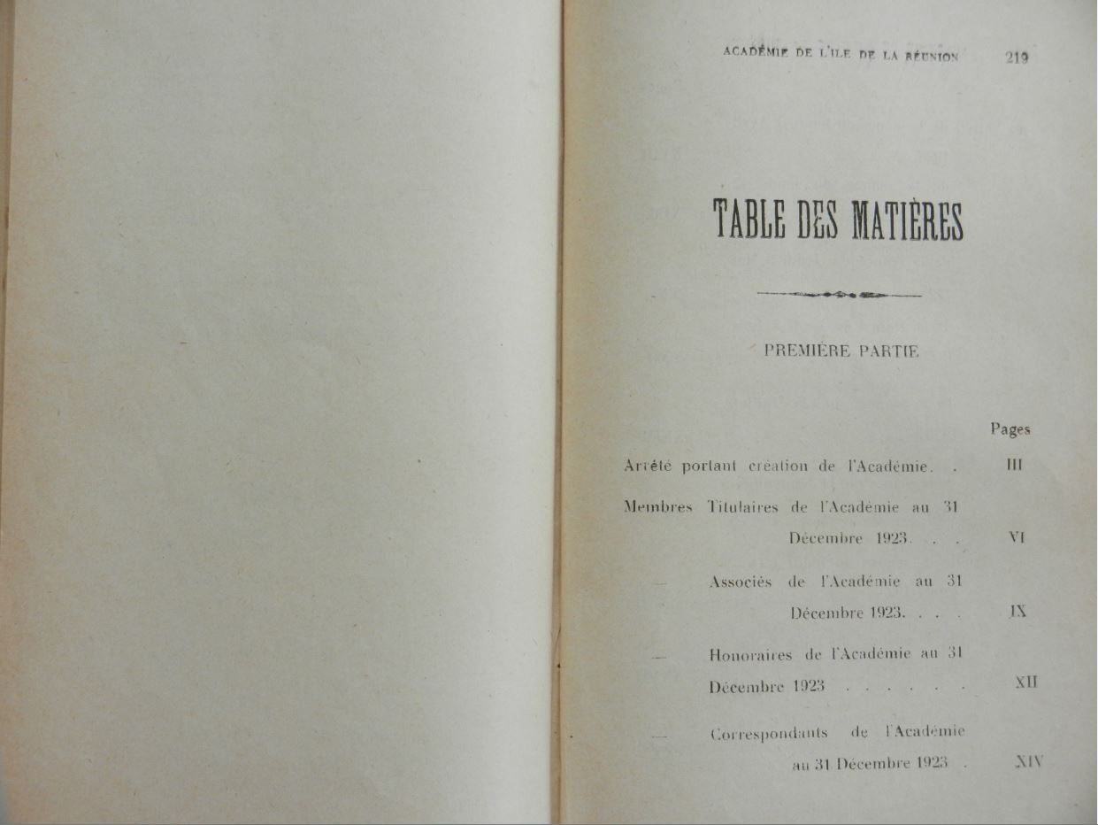 Sommaire du bulletin de l'Académie de l'île de La Réunion 1923 (1)