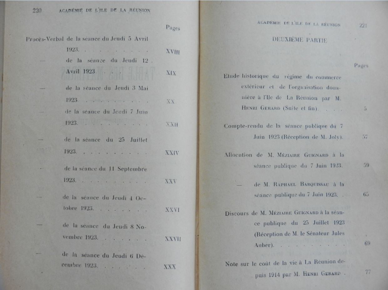 Sommaire du bulletin de l'Académie de l'île de La Réunion 1923 (2)